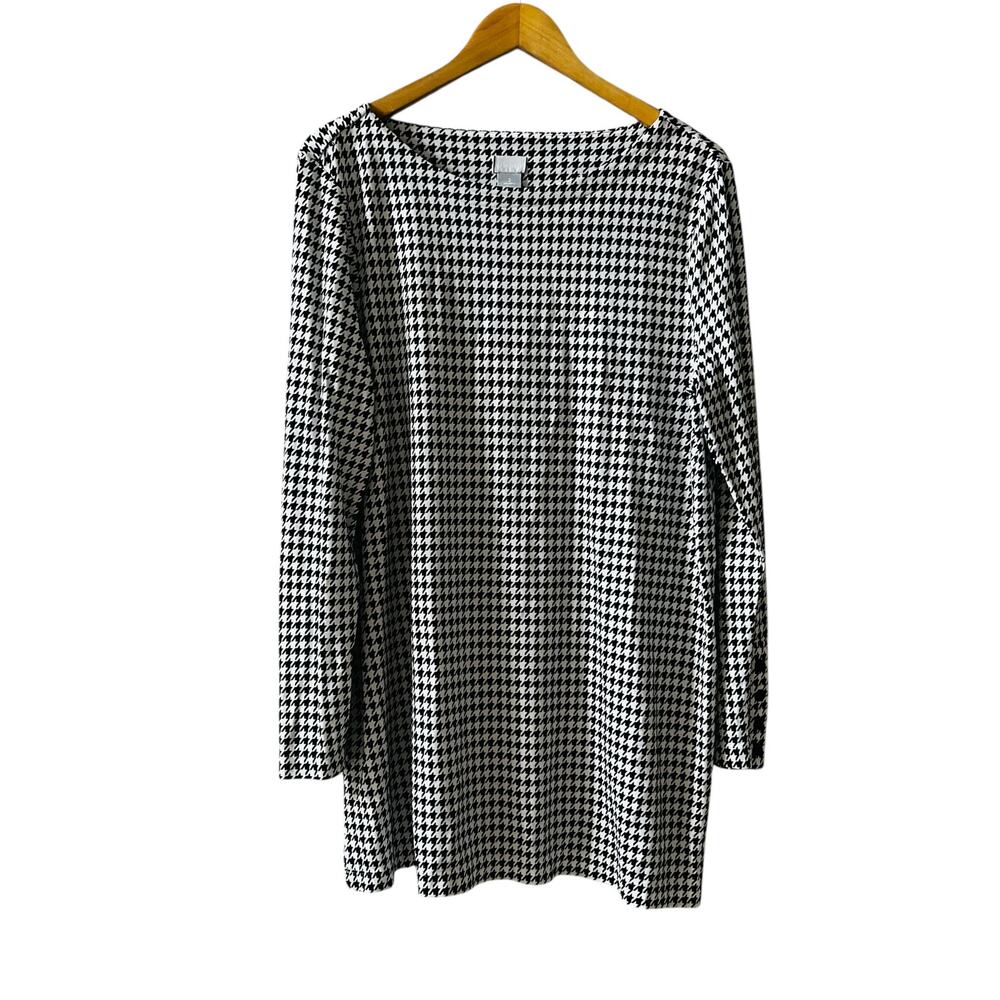 Chicos Houndstooth White Black Long Sleeve Tunic Top Size L Large